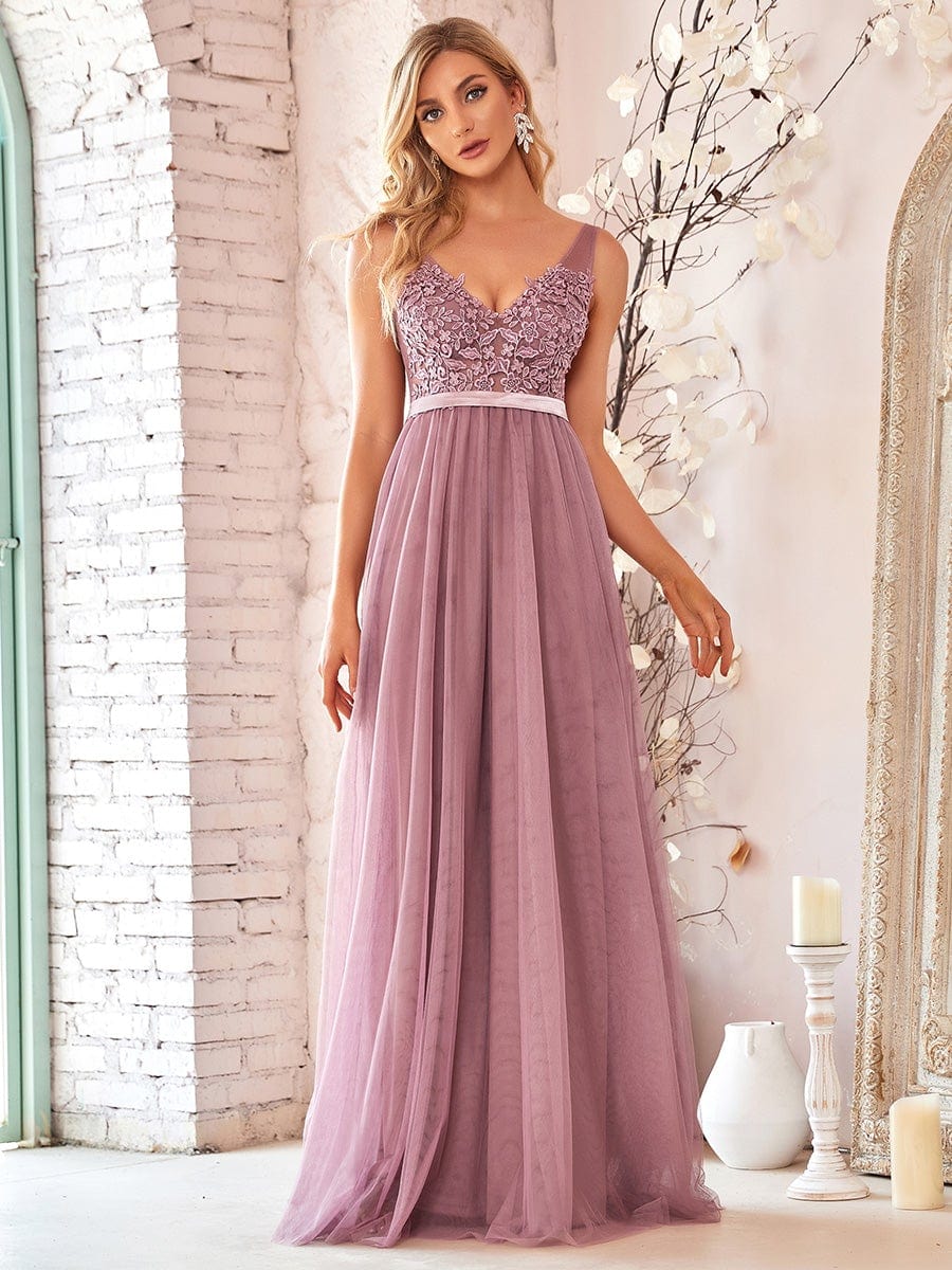 Soft Spaghetti Straps V-Neck Embroidery Evening Dress #color_Purple Orchid 