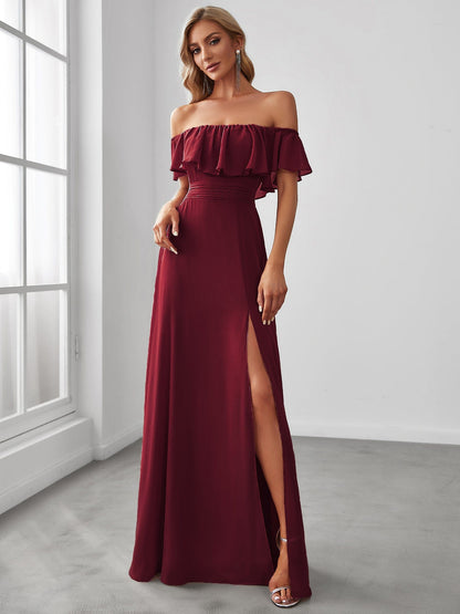 Women's Off Shoulder Ruffle Thigh Split Bridesmaid Dresses #Color_Burgundy