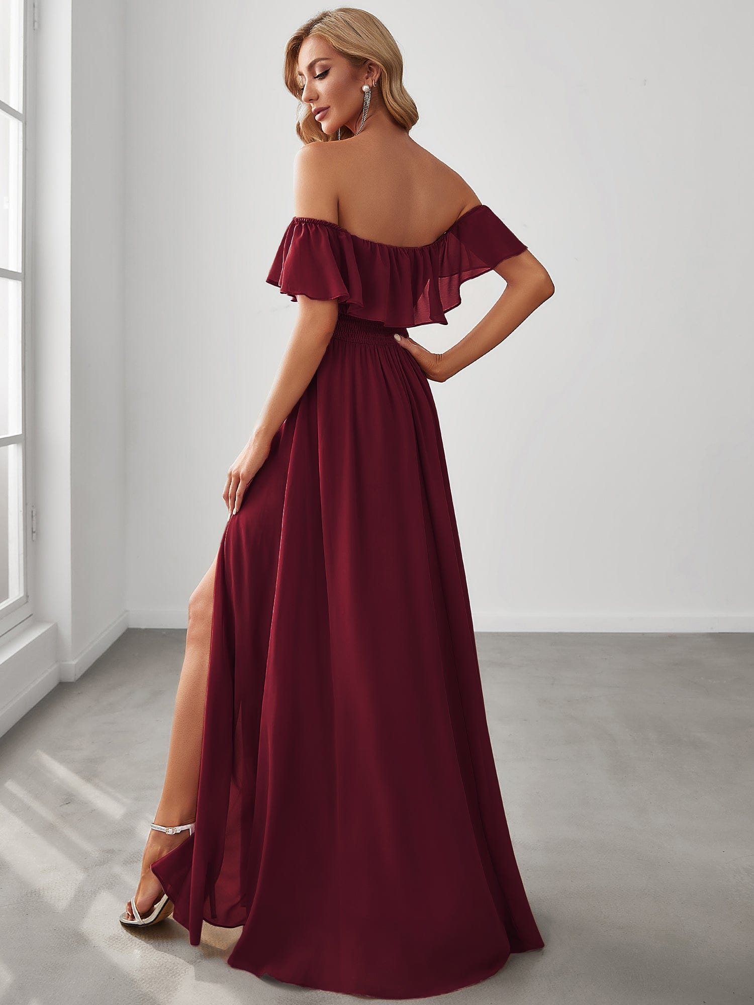 Women's Off Shoulder Ruffle Thigh Split Bridesmaid Dresses #Color_Burgundy