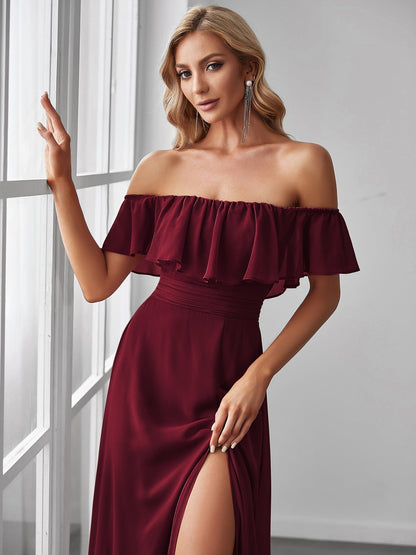 Women's Off Shoulder Ruffle Thigh Split Bridesmaid Dresses #Color_Burgundy