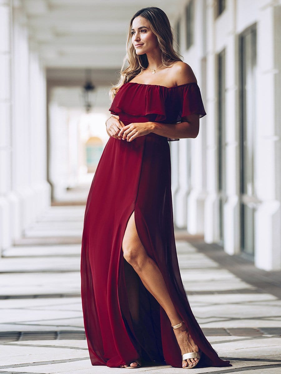 Women's Off Shoulder Ruffle Thigh Split Bridesmaid Dresses #Color_Burgundy