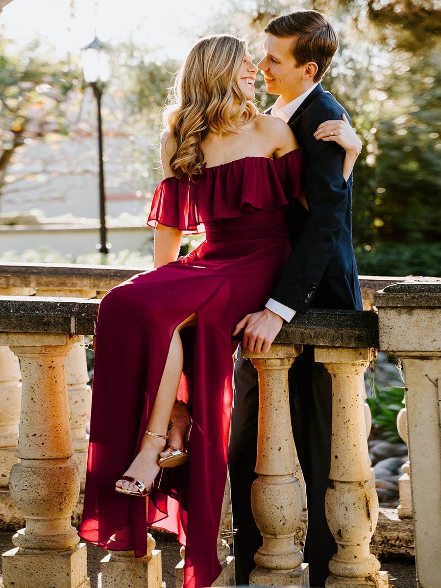 Women's Off Shoulder Ruffle Thigh Split Bridesmaid Dresses #Color_Burgundy