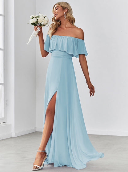 Women's Off Shoulder Ruffle Thigh Split Bridesmaid Dresses #Color_Sky Blue