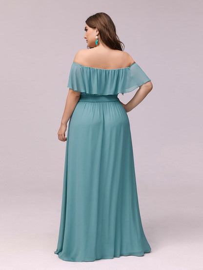 Women's Off Shoulder Ruffle Thigh Split Bridesmaid Dresses #Color_Dusty Blue