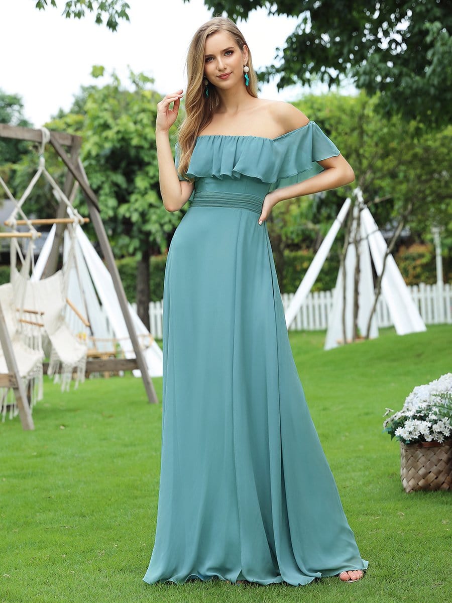 Women's Off Shoulder Ruffle Thigh Split Bridesmaid Dresses #Color_Dusty Blue