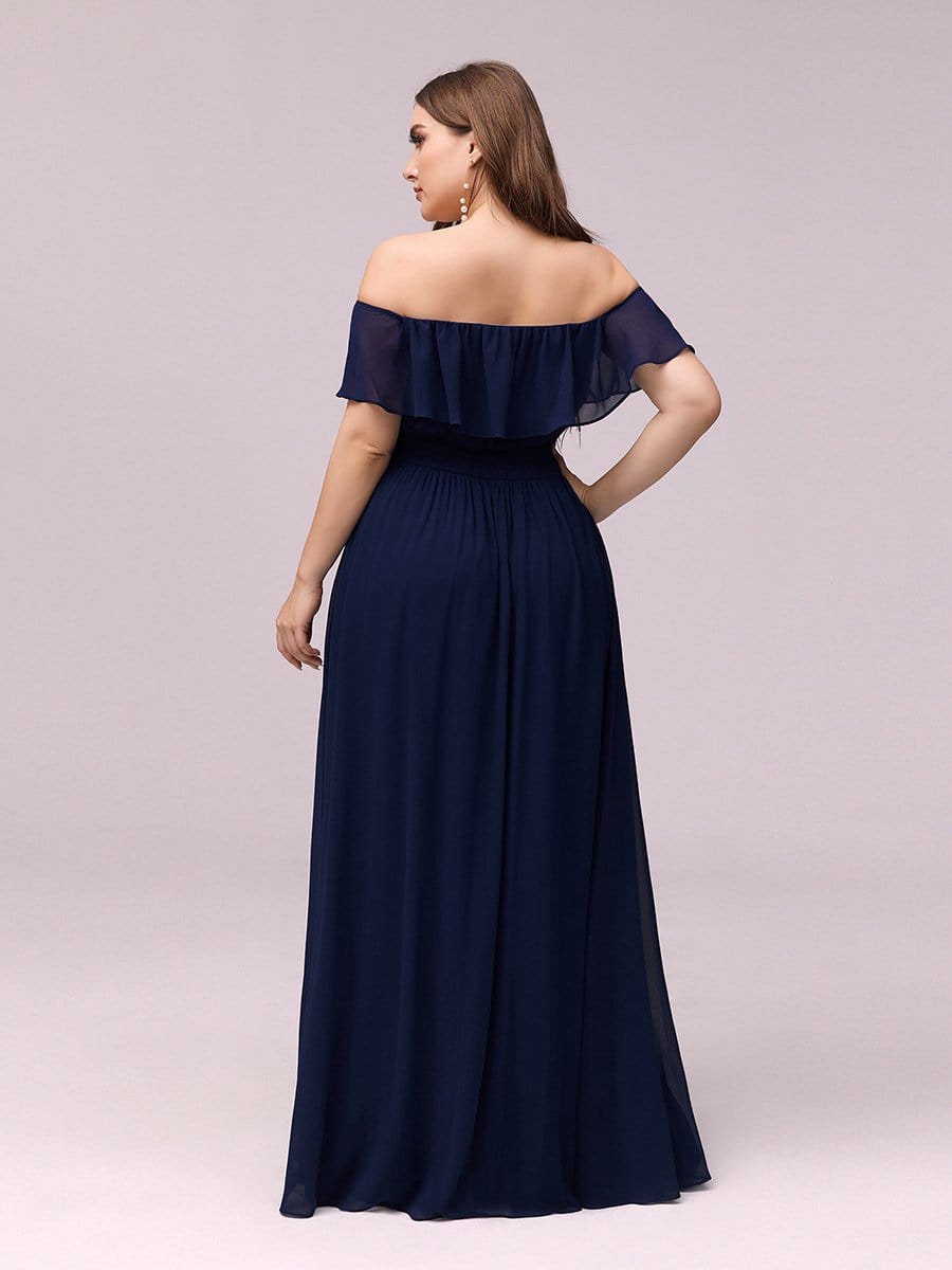 Women's Off Shoulder Ruffle Thigh Split Bridesmaid Dresses #Color_Navy Blue