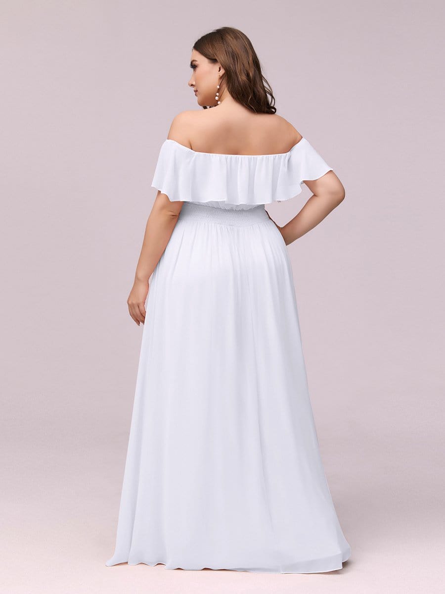 Women's Off Shoulder Ruffle Thigh Split Bridesmaid Dresses #Color_White