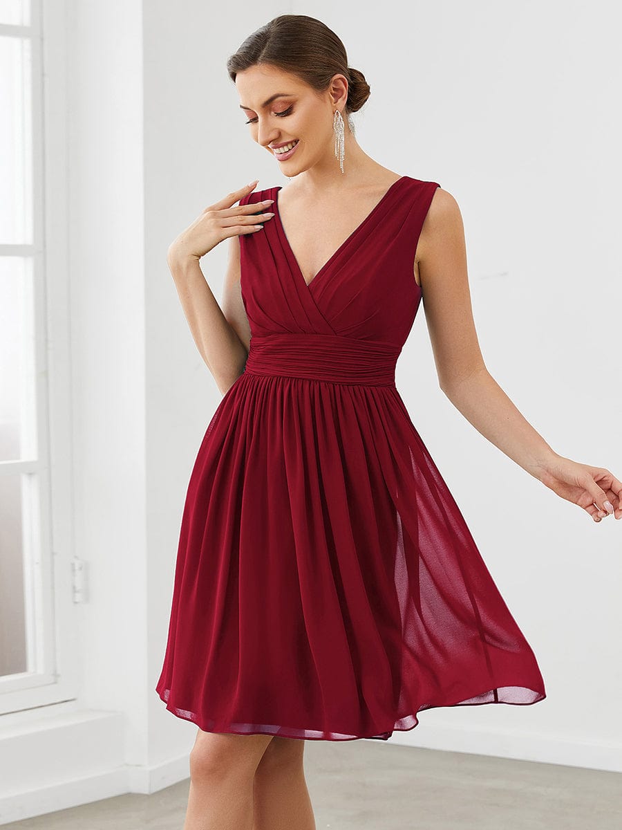 Women Sleeveless V Neck Short Bridesmaid Dress #color_Burgundy