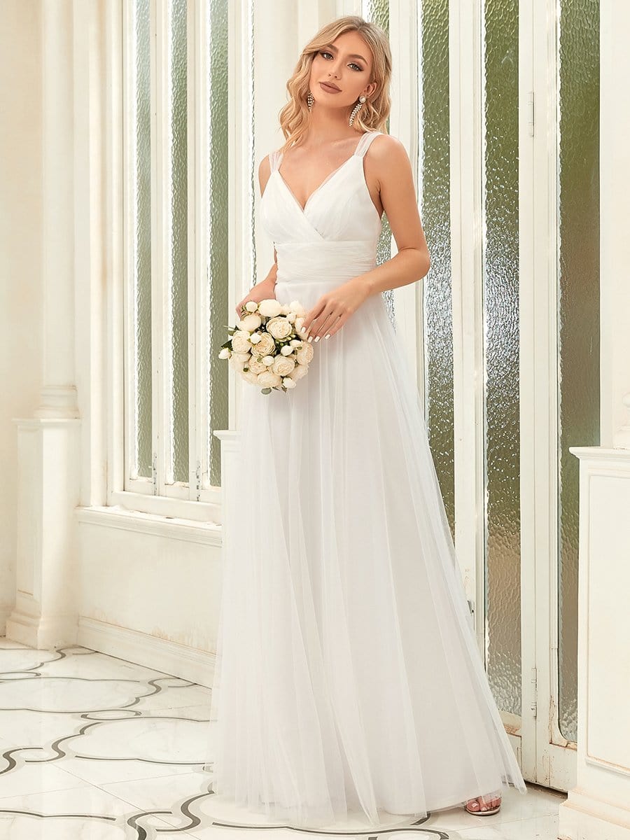 Deep V Neck Pleated Bodice Simple Tulle Wedding Dress #color_Cream 