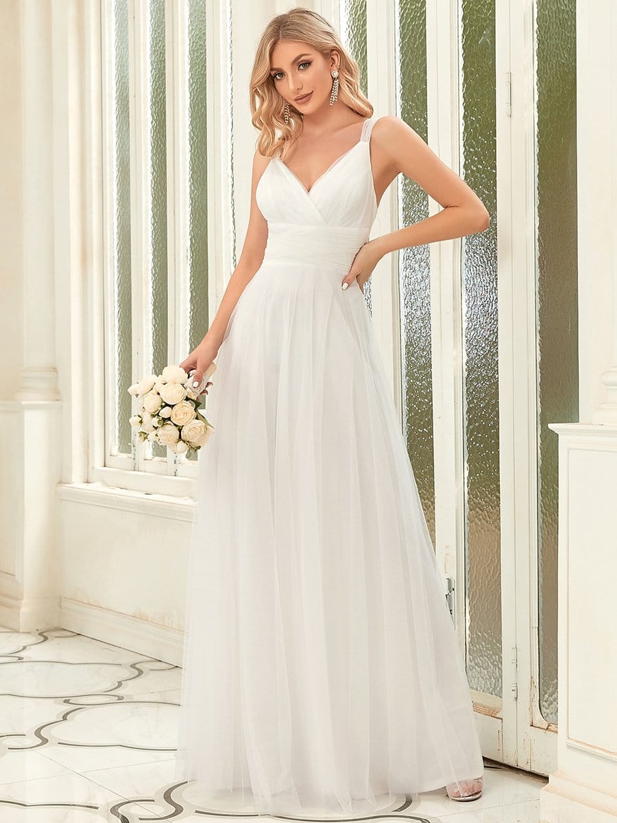 Deep V Neck Pleated Bodice Simple Tulle Wedding Dress #color_Cream 