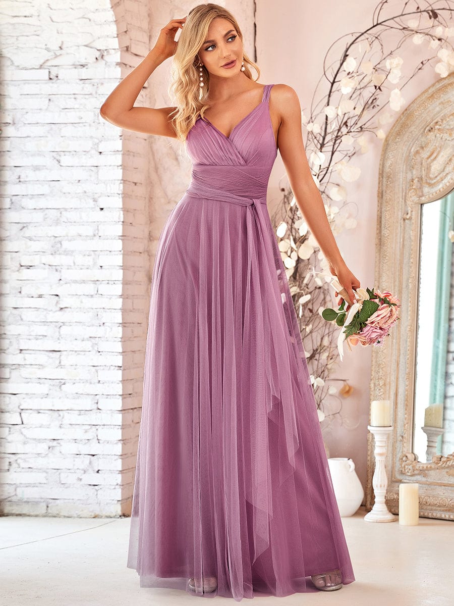 Floor Length Double V Neck Tulle Bridesmaid Dresses #color_Purple Orchid 