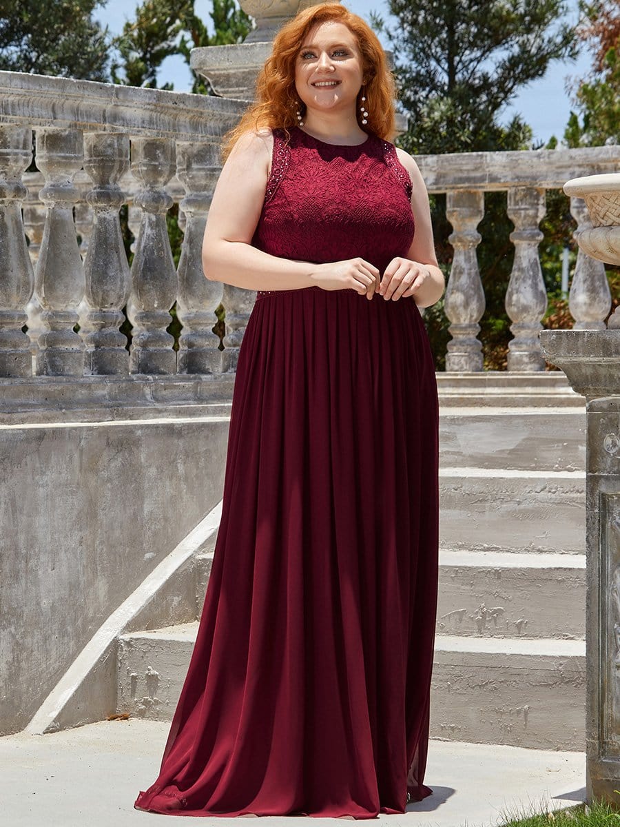 Plus Size Sleeveless Maxi Long A Line Lace Formal Evening Dresses #color_Burgundy 