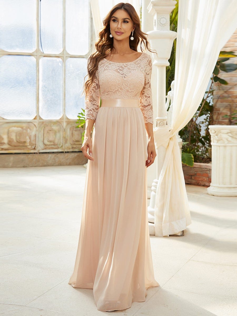 See-Through Floor Length Lace Evening Dress with Half Sleeve #color_Blush 