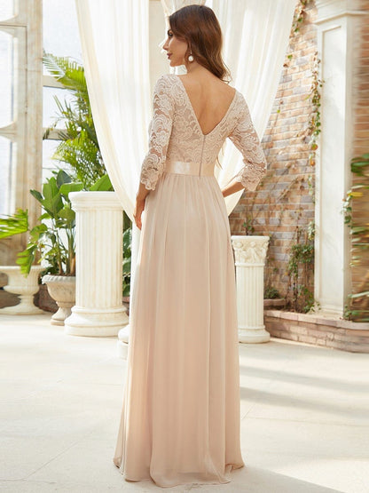 See-Through Floor Length Lace Evening Dress with Half Sleeve #color_Blush 