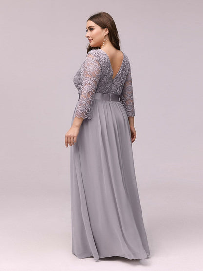 See-Through Floor Length Lace Evening Dress with Half Sleeve #color_Grey 