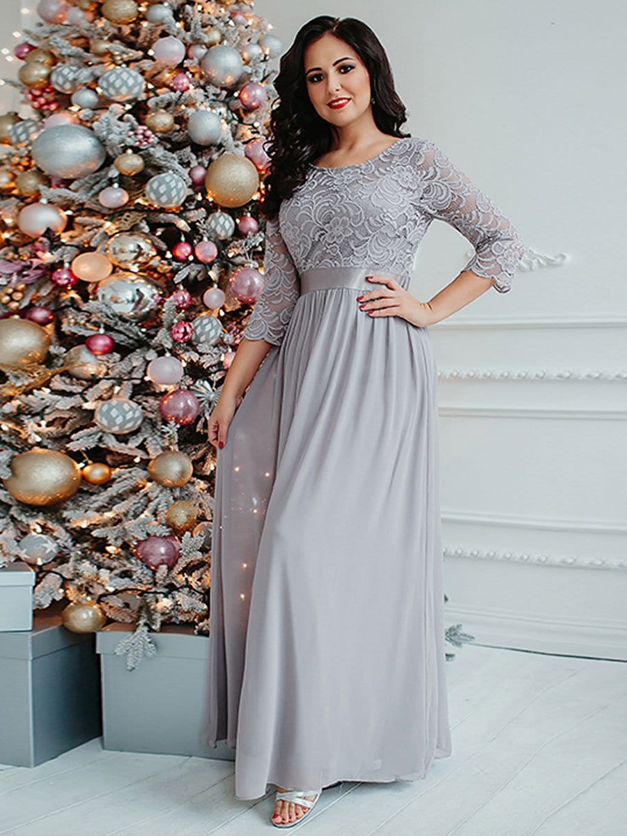 See-Through Floor Length Lace Evening Dress with Half Sleeve #color_Grey 