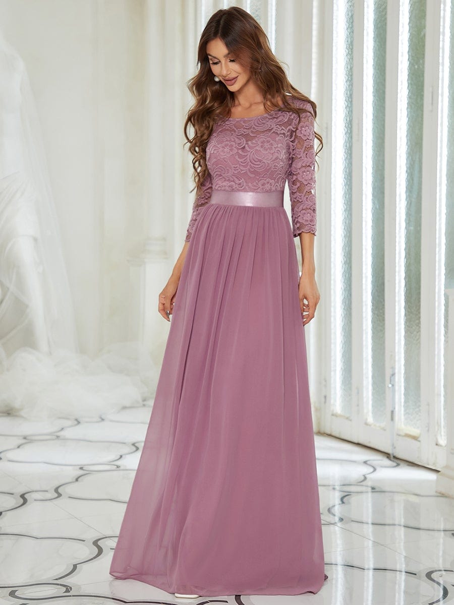 See-Through Floor Length Lace Evening Dress with Half Sleeve #color_Purple Orchid 