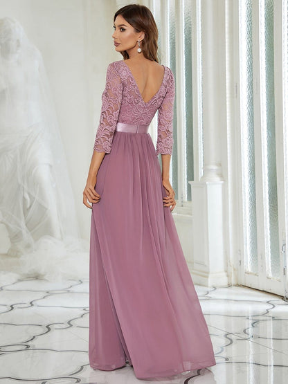 See-Through Floor Length Lace Evening Dress with Half Sleeve #color_Purple Orchid 