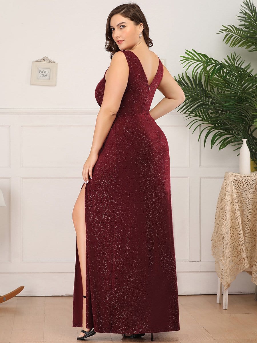 Floor Length V Neck Shiny Evening Dress with Side Split #color_Burgundy 