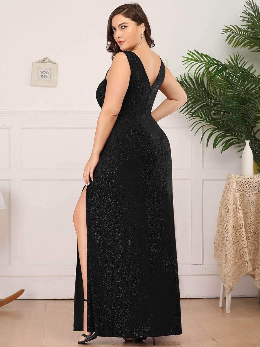 Floor Length V Neck Shiny Evening Dress with Side Split #color_Black 