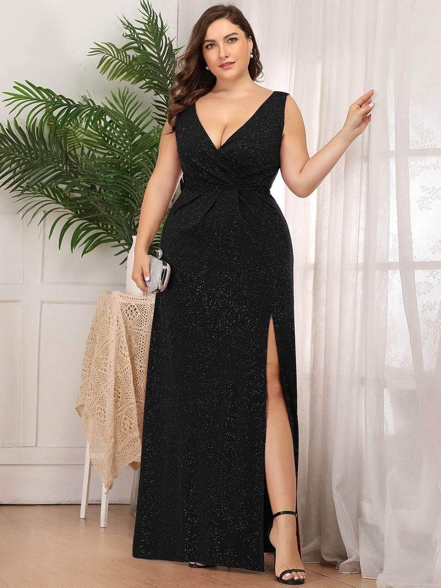 Floor Length V Neck Shiny Evening Dress with Side Split #color_Black 