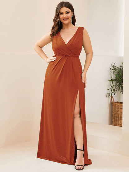 Floor Length V Neck Shiny Evening Dress with Side Split #color_Burnt Orange