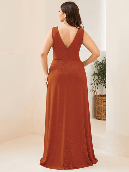 Custom Size Glittery Side Split Deep V-Neck Evening Dress #color_Burnt Orange