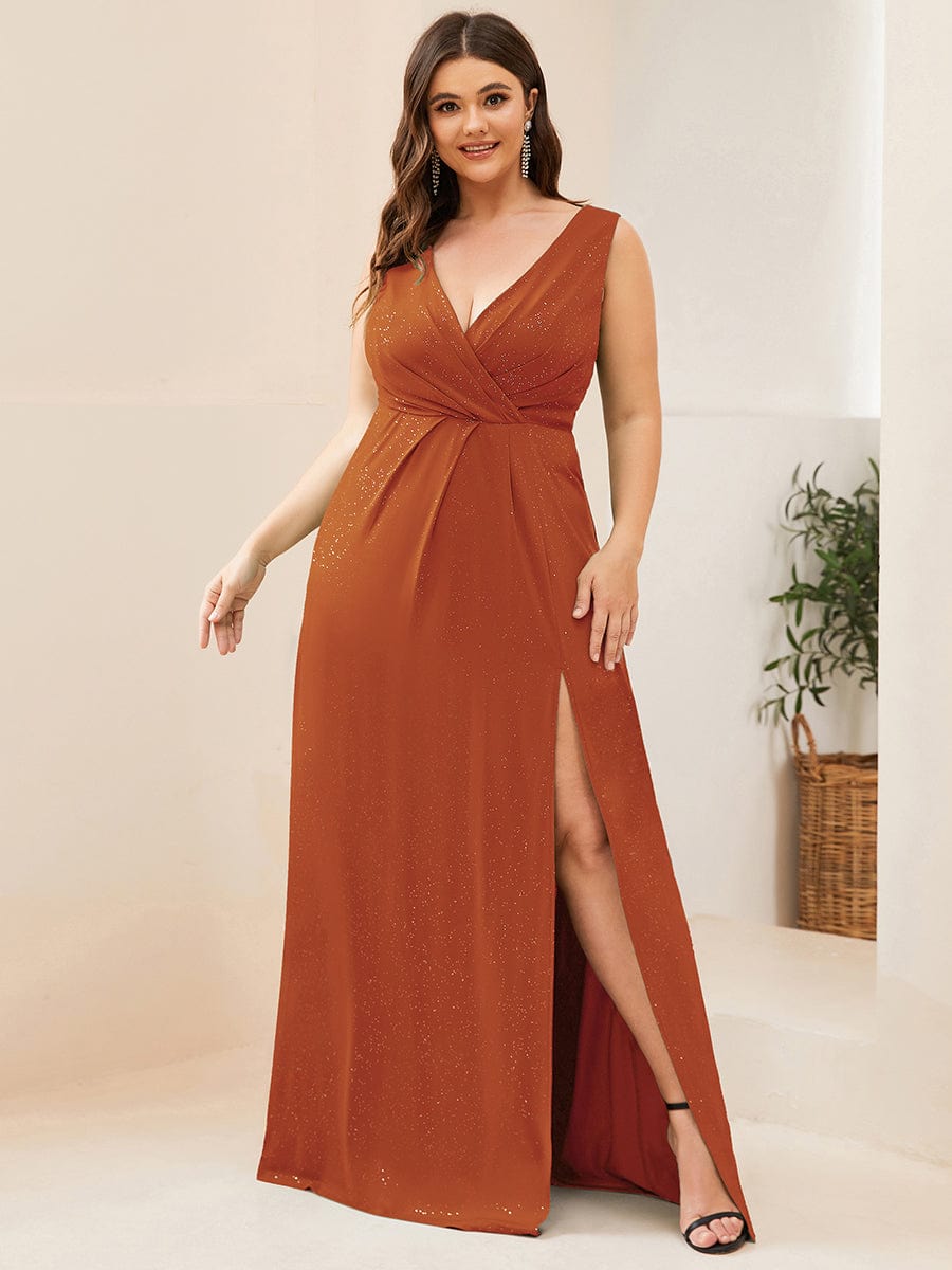 Custom Size Glittery Side Split Deep V-Neck Evening Dress #color_Burnt Orange