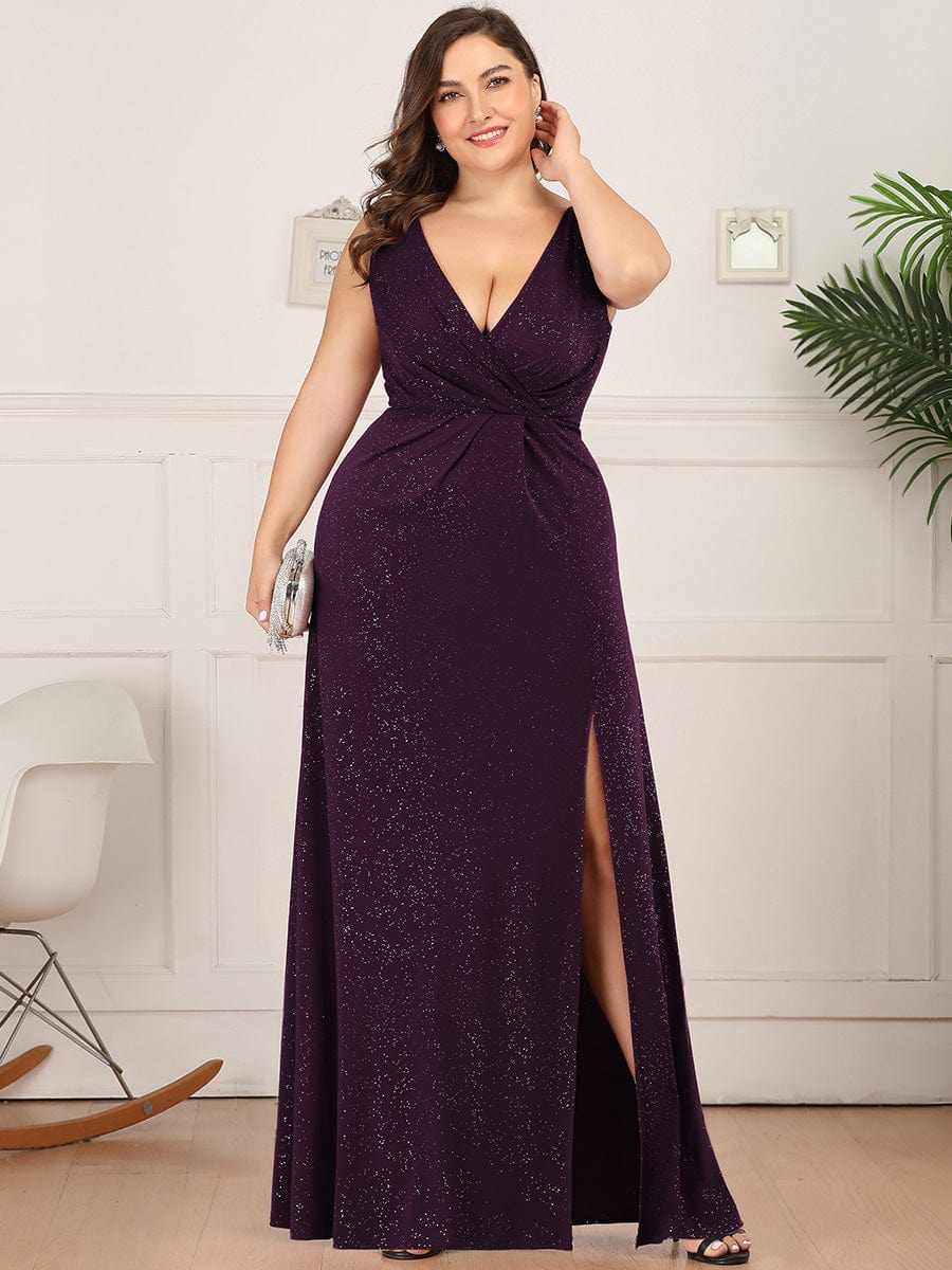 Custom Size Glittery Side Split Deep V-Neck Evening Dress #color_Dark Purple