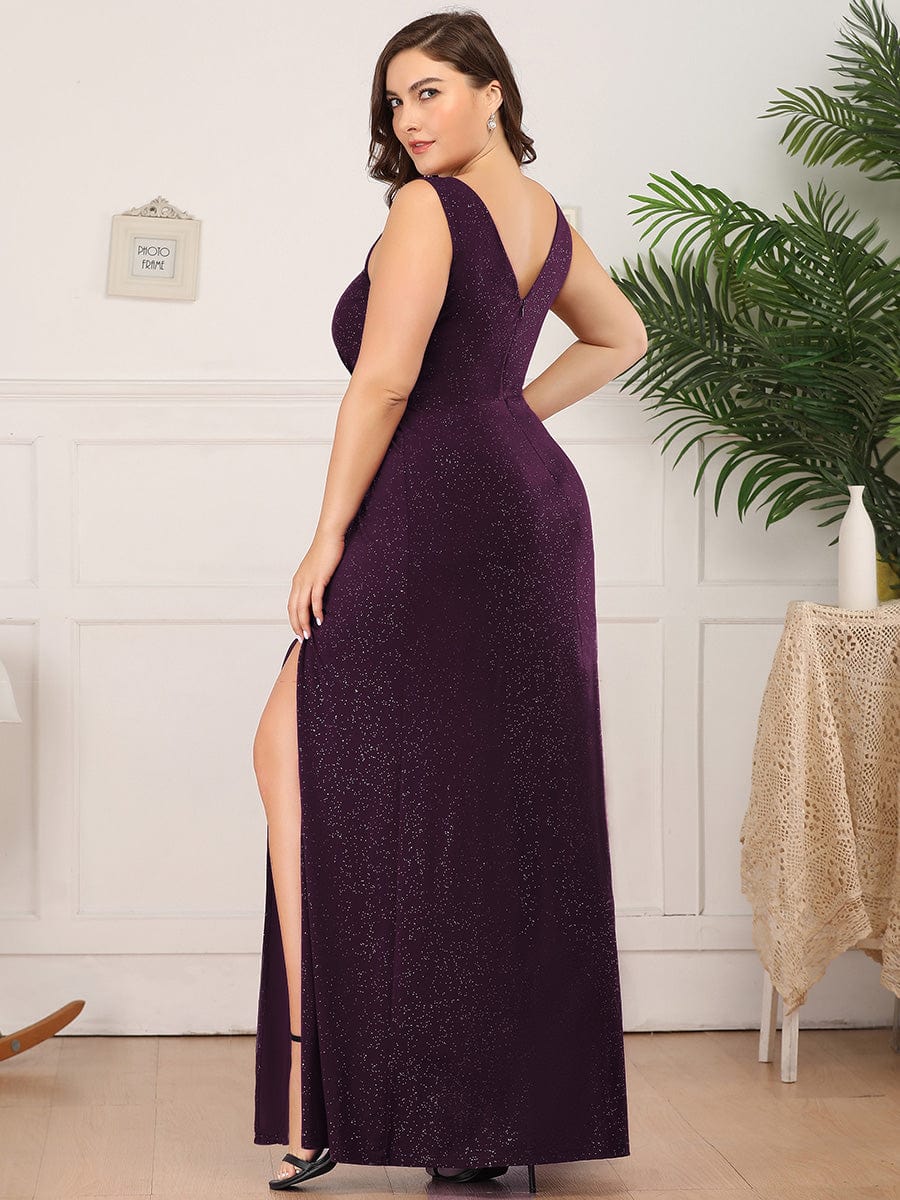 Floor Length V Neck Shiny Evening Dress with Side Split #color_Dark Purple