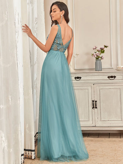 Maxi Long Elegant Ethereal Tulle Evening Dress #color_Dusty Blue 