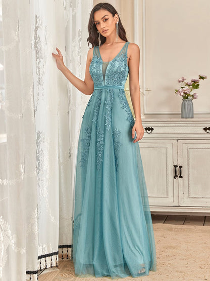 Maxi Long Elegant Ethereal Tulle Evening Dress #color_Dusty Blue 