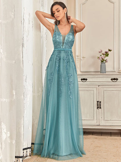 Maxi Long Elegant Ethereal Tulle Evening Dress #color_Dusty Blue 