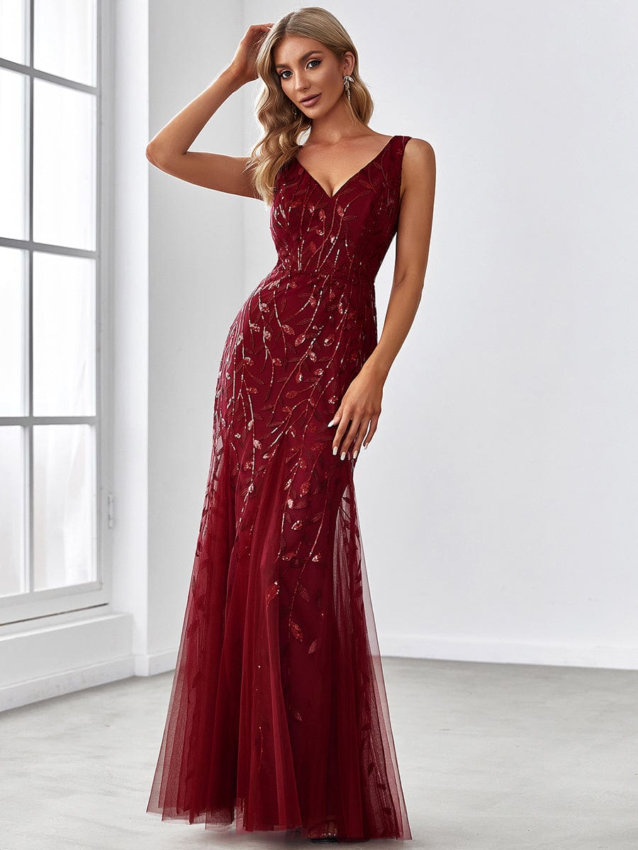 Women's Double V-Neck Fishtail Sequin Evening Dress #Color_Burgundy