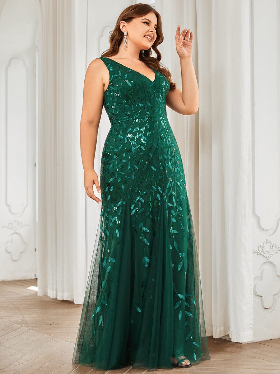 Custom Size Double V-Neck Fishtail Sequin Formal Maxi Evening Dress #color_Dark Green