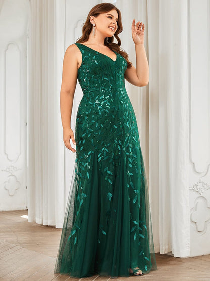 Plus Size Double V-Neck Fishtail Sequin Formal Maxi Evening Dress #color_Dark Green