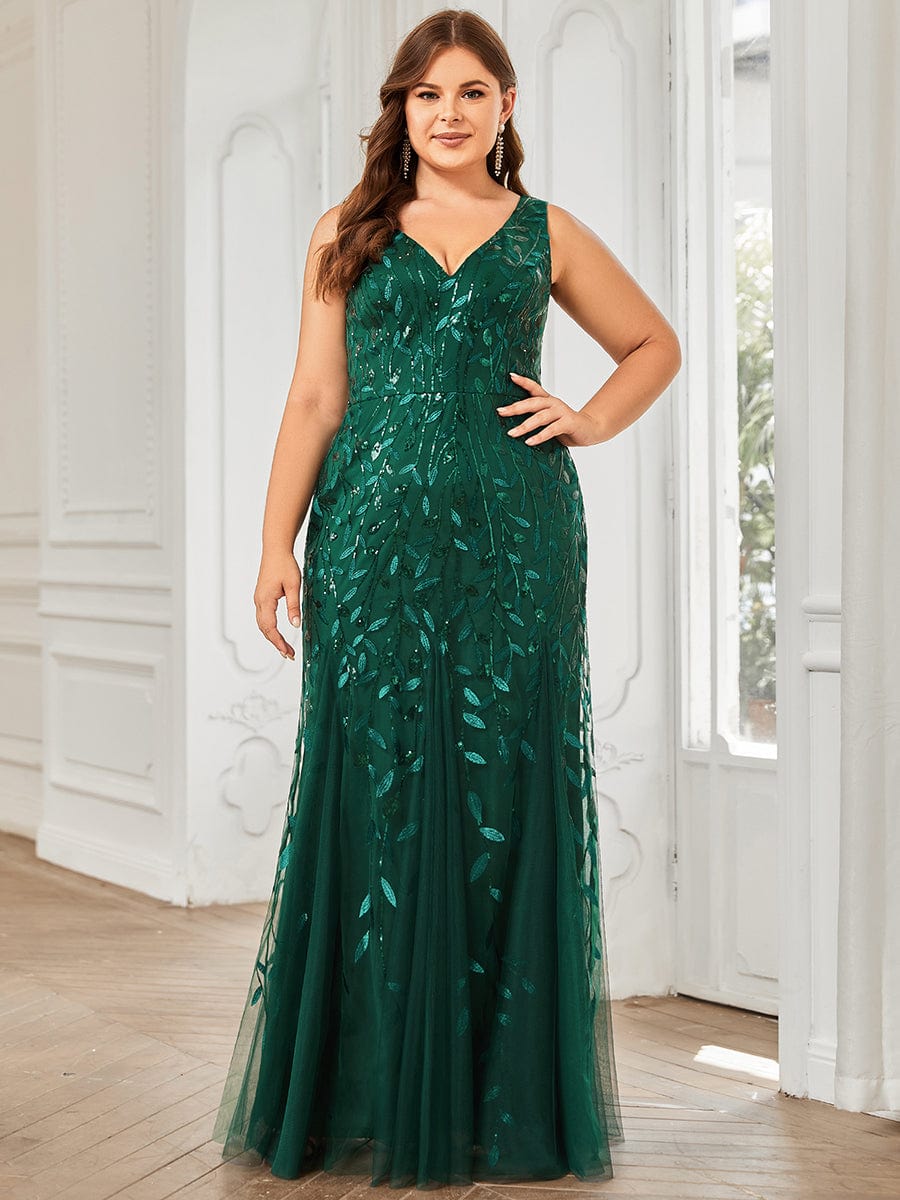 Plus Size Double V-Neck Fishtail Sequin Formal Maxi Evening Dress #color_Dark Green