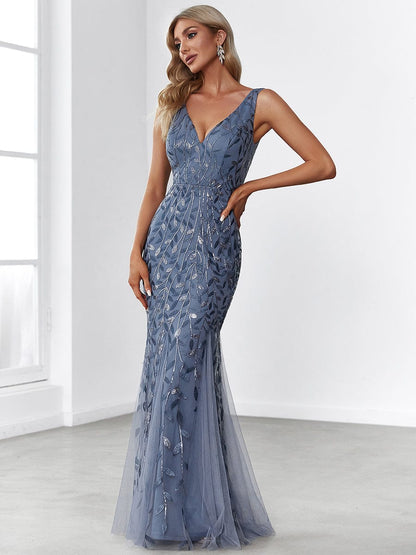 Women's Double V-Neck Fishtail Sequin Evening Dress #Color_Dusty Navy