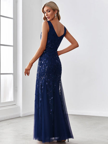 Women's Double V-Neck Fishtail Sequin Evening Dress #Color_Navy Blue