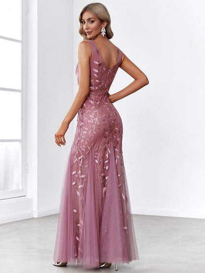 Women's Double V-Neck Fishtail Sequin Evening Dress #Color_Purple Orchid