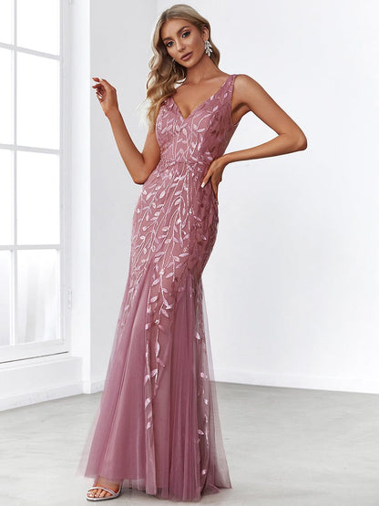 Women's Double V-Neck Fishtail Sequin Evening Dress #Color_Purple Orchid