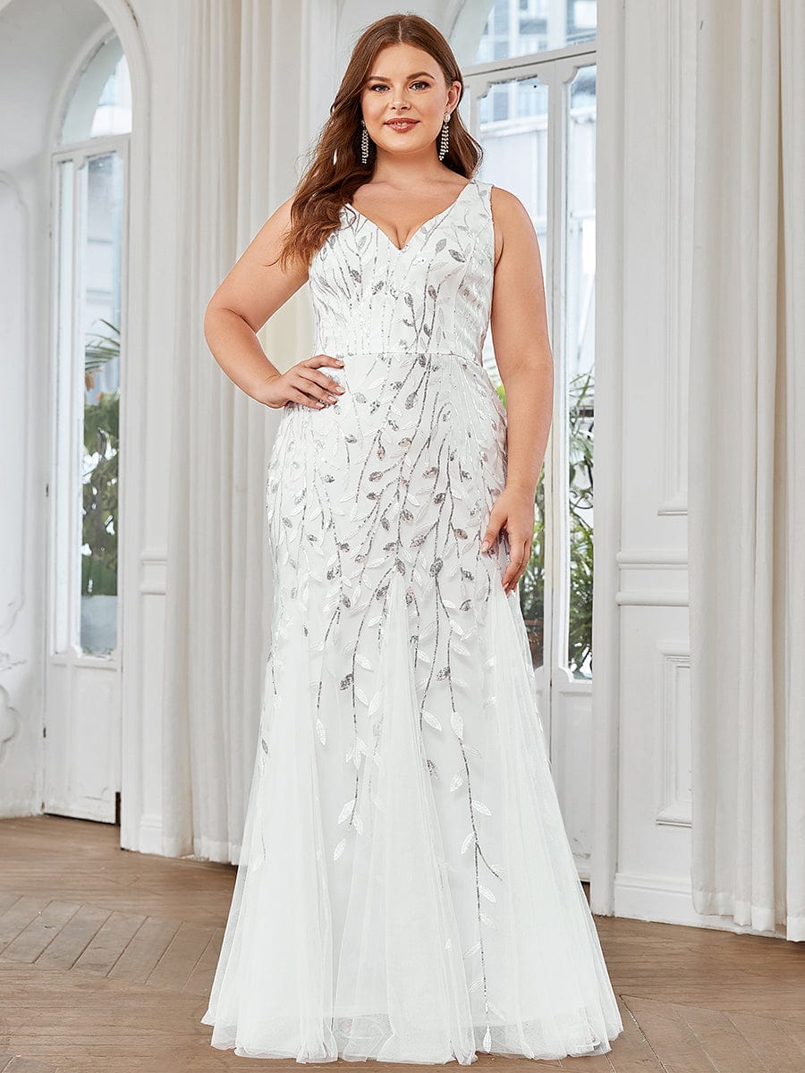 Sleeveless Deep V-Neck Fishtail Leaf Sequin Evening Dress #Color_White