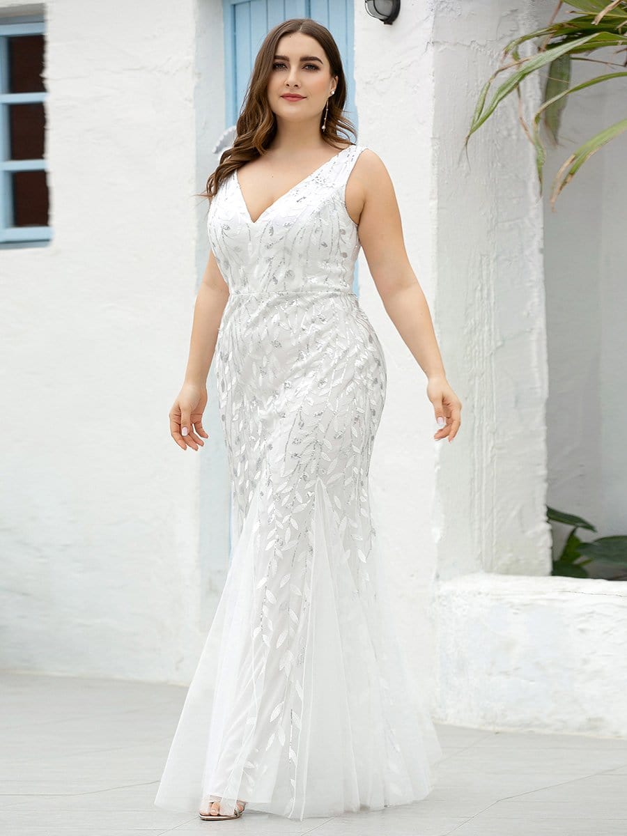 Plus Size Maxi Sequin Formal Dresses & Gowns #Color_White