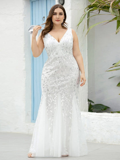 Plus Size Maxi Sequin Formal Dresses & Gowns #Color_White