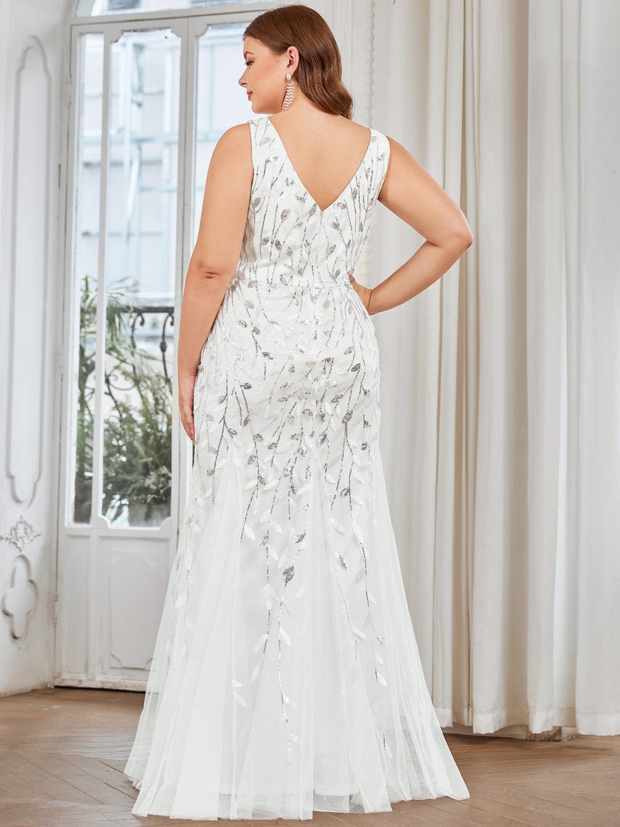 Sleeveless Deep V-Neck Fishtail Leaf Sequin Evening Dress #Color_White