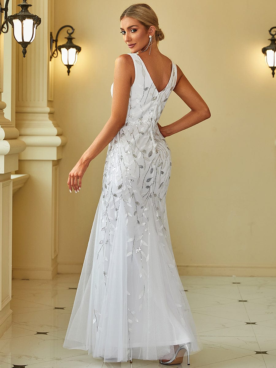 Sleeveless Deep V-Neck Fishtail Leaf Sequin Evening Dress #Color_White