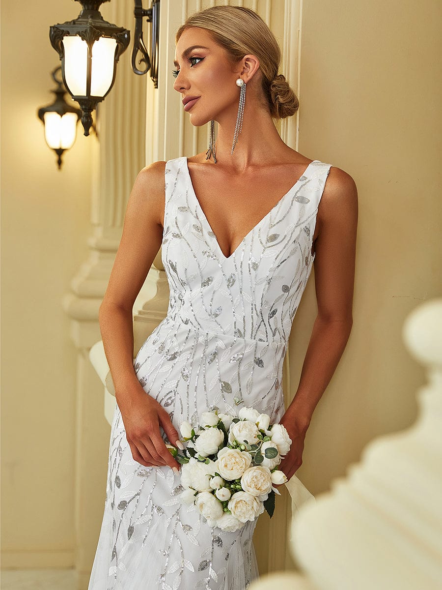 Sleeveless Deep V-Neck Fishtail Leaf Sequin Evening Dress #Color_White