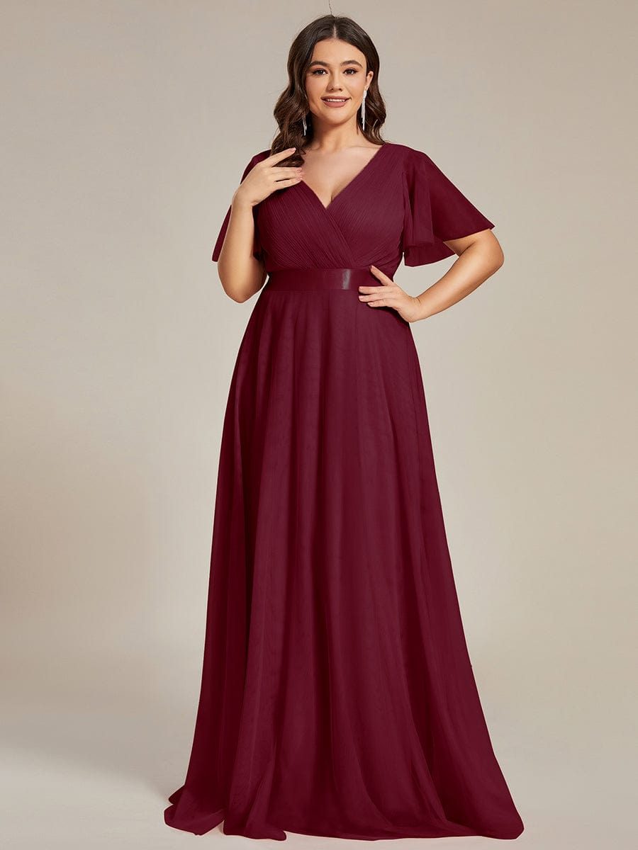 Double V-Neck Floor-Length Short Sleeve Tulle Bridesmaid Dresses #color_Burgundy