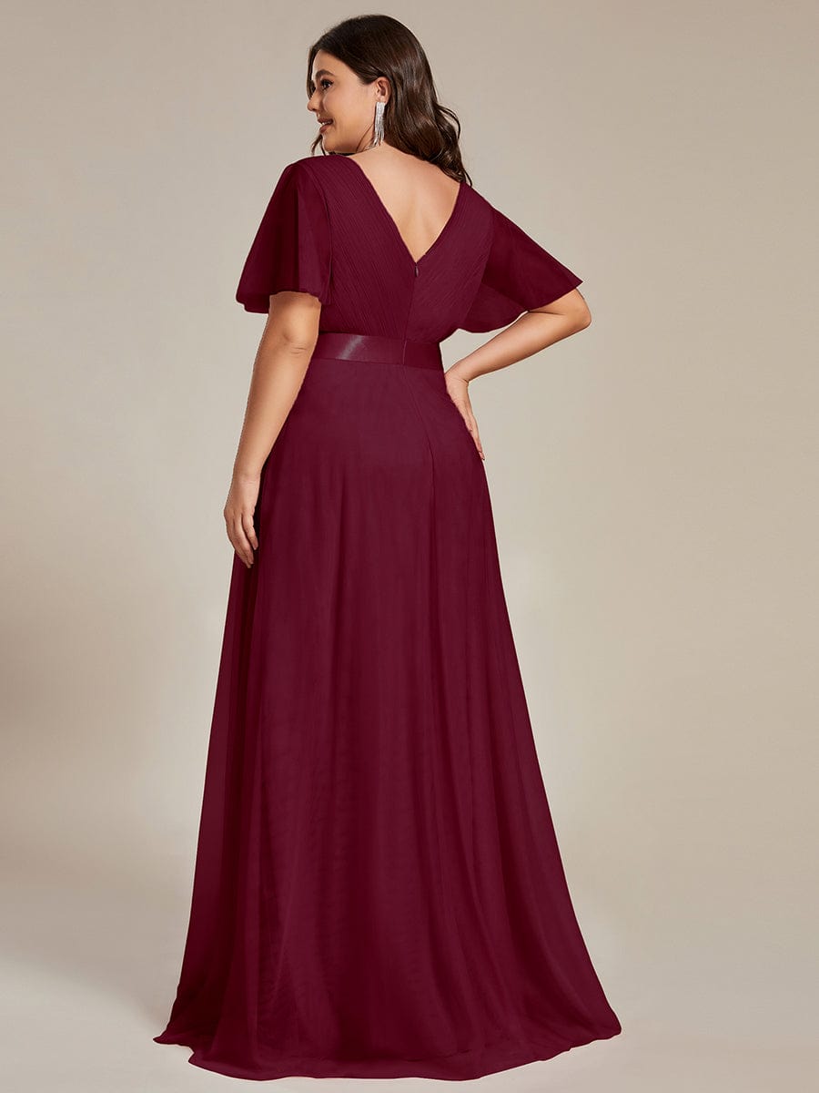 Double V-Neck Floor-Length Short Sleeve Tulle Bridesmaid Dresses #color_Burgundy