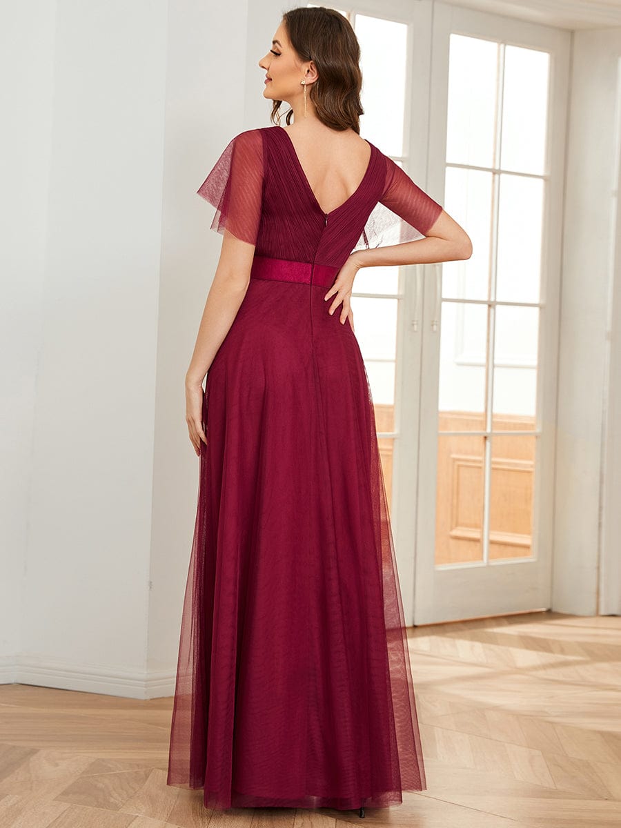 Double V-Neck Floor-Length Short Sleeve Tulle Bridesmaid Dresses #color_Burgundy